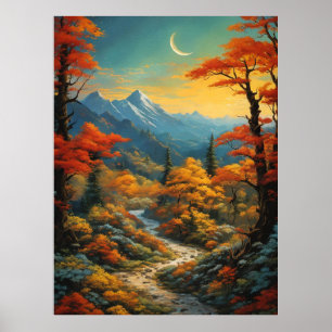 Poster sentier forestier forêt extérieur nature lune