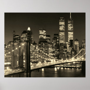 Poster Sepia Brooklyn Bridge New York Night Vintage Retro