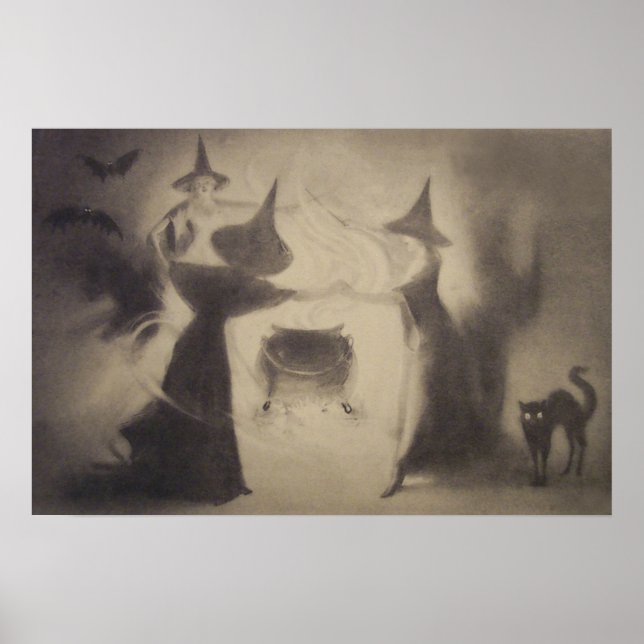 Poster Sepia sorcière chauve nuit Cauldron noir Chat (Devant)