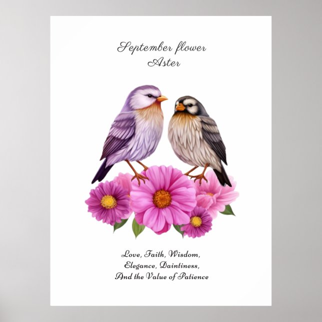 Poster Septembre Aster Flower with Birth Cadeau (Devant)