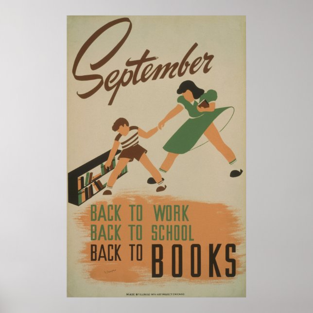 Poster Septembre Retour Au Travail, École, Livres WPA Vin (Devant)