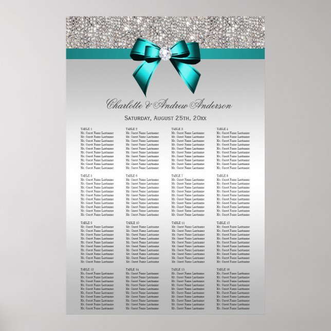 Poster Séquin mariage Argent Séquin Profond Turquoise Bow (Devant)
