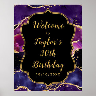 Poster Séquins d'or violet foncé Agate Anniversaire Bienv