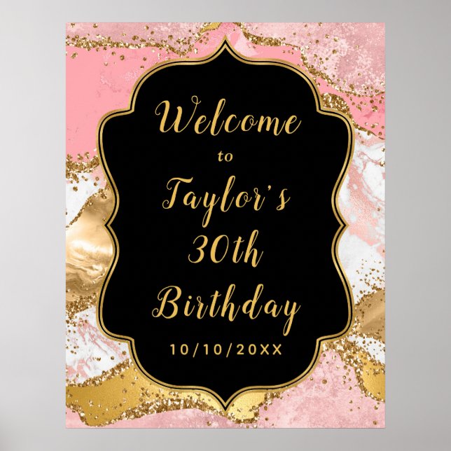 Poster Séquins or et rose Agate Anniversaire Bienvenue (Devant)
