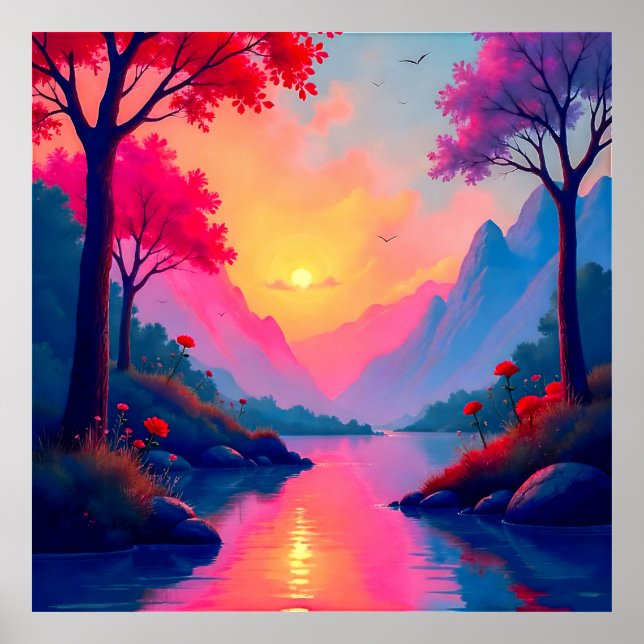 Poster Serene Fantasy Sunset River Mountain Landscape (Devant)