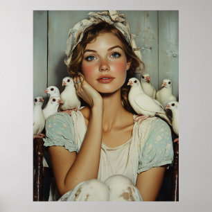Poster Serene Farm Maiden White Doves - Symbole de paix