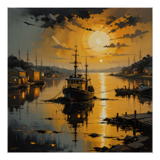 Poster serene harbor at sunset