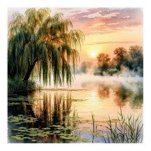 Serene Lake Sunrise avec Willow Tree