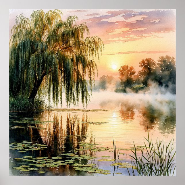 Poster Serene Lake Sunrise avec Willow Tree (Devant)