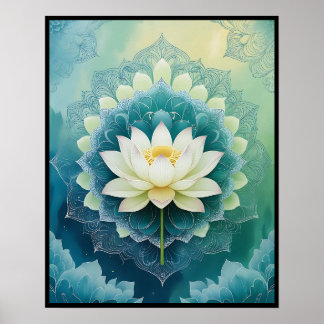 Poster Serene Lotus Mandala : Bleu & Vert Méditation Art