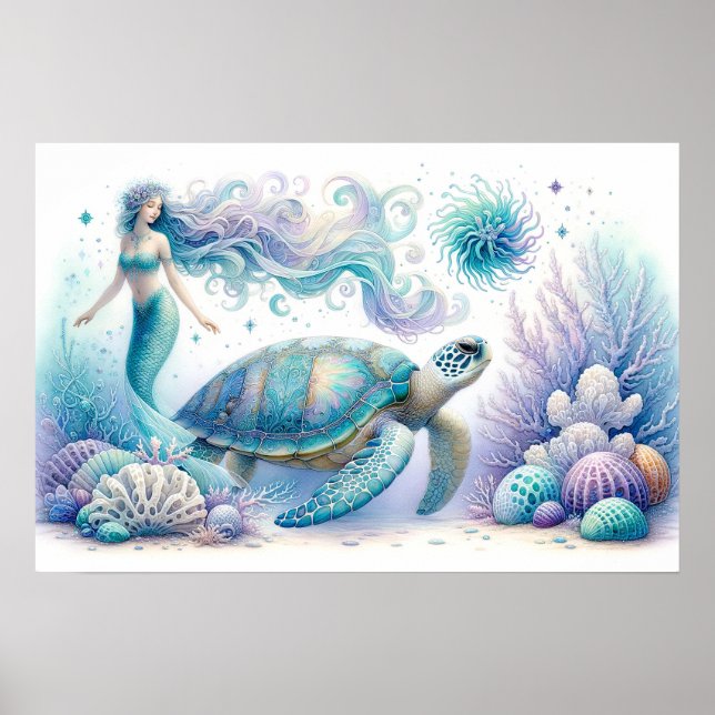 Poster Serene Mermaid et Sea Turtle Imprimer (Devant)