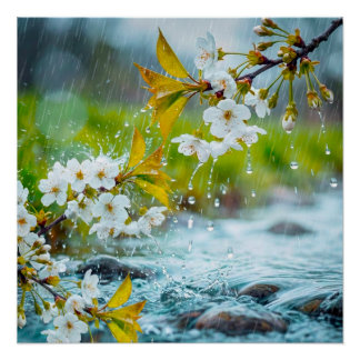 Poster Serene White Cherry Blossoms in Spring Rain & Stre