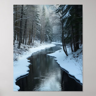 Poster Serene Winter River Flowing Through Snowy Forest