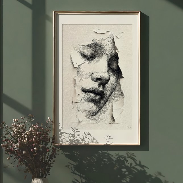 Poster Sérénité brisée : Visage d'art monochrome (Créateur téléchargé)