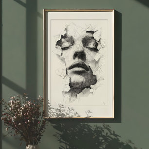 Poster Sérénité Brisée : Visage en Ligne Art Monochrome