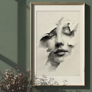 Poster Sérénité brisée : Visage monochrome complexe