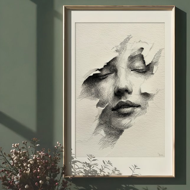 Poster Sérénité brisée : Visage monochrome complexe (Créateur téléchargé)