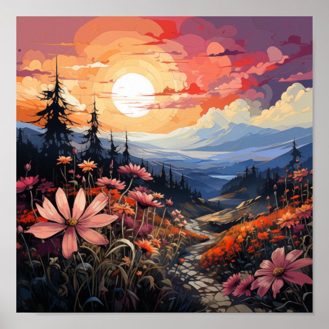 Poster Sérénité coucher de soleil : Fleurs sauvages et mo (Devant)