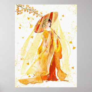 Poster Sérénité d'automne : Japonais Geisha Aquarelle