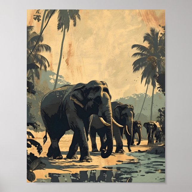 Poster Sérénité de la jungle des éléphants : Vintage (Devant)