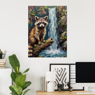Poster Sérénité des bois : Raccoon près des chutes