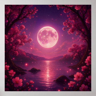 Poster Sérénité des cerisiers en fleurs au clair de lune