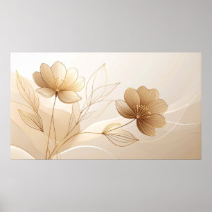 Poster Sérénité Dorée : Art en Ligne Floral Minimaliste e
