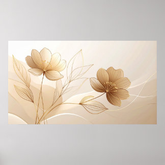 Poster Sérénité Dorée : Art en Ligne Floral Minimaliste e