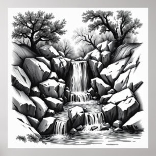 Poster Sérénité Falls : Cascade Charcoal Art