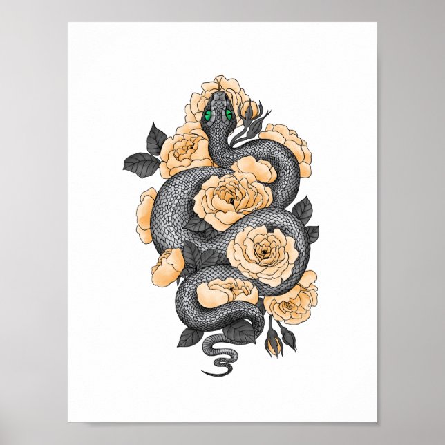 Poster Serpent et roses jaunes (Devant)