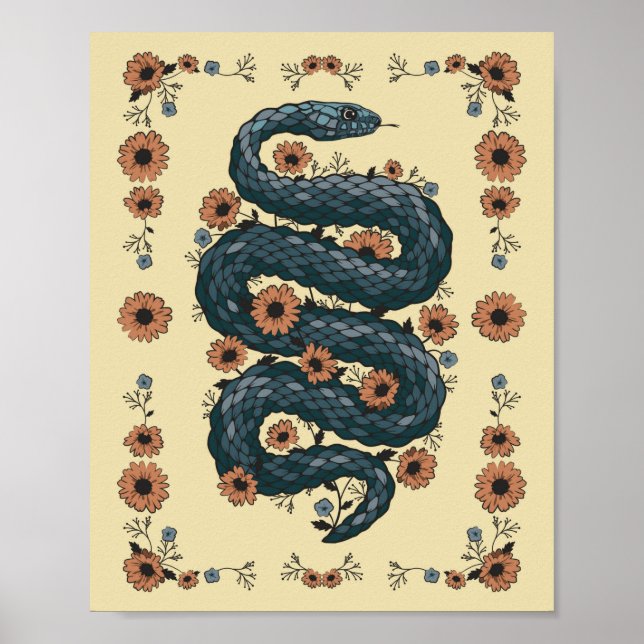 Poster Serpent floral (bleu) (Devant)