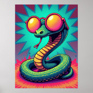 Poster Serpent pop art avec des lunettes arc-en-ciel rétr