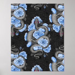 Poster Serpents et roses bleus