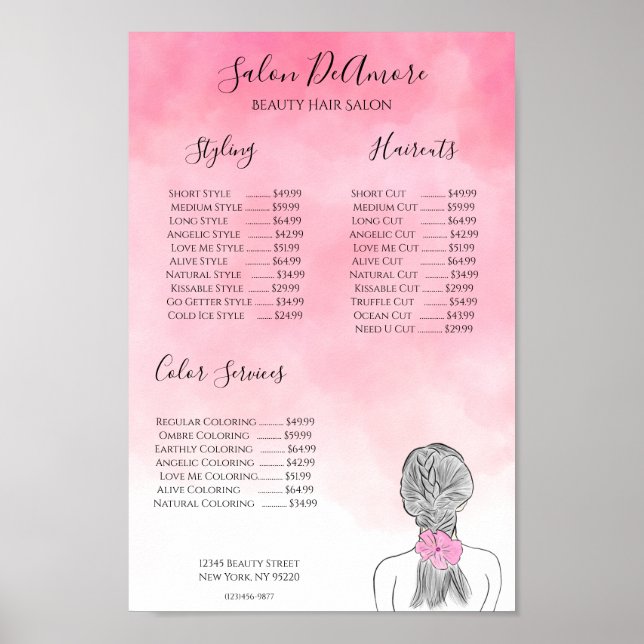 Poster Service Menu Girl avec aquarelle rose tresse (Devant)