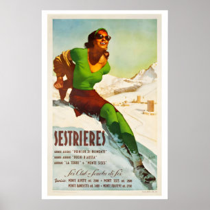 Poster Sestriere Italie Ski Club École de Ski Vintage Ski