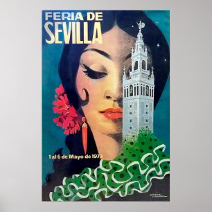 Poster Séville, tour de la ville et femme aux cheveux noi
