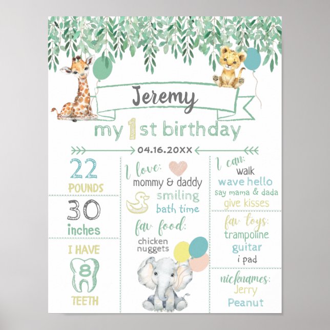 Poster Sexe Safari Neutre 1er Anniversaire Baby Facts SIG (Devant)
