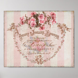 Poster Shabby Chic Rose Roses Cupidons French Script Post