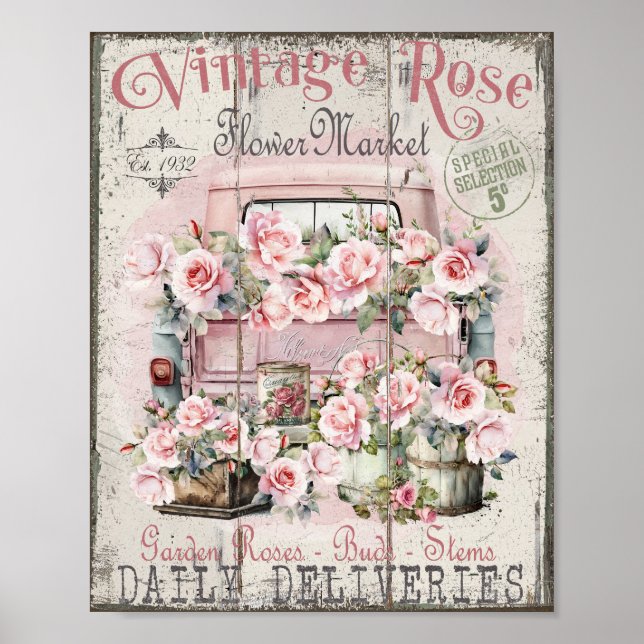 Poster Shabby Chic Roses ramasse l'affiche du marché aux  (Devant)