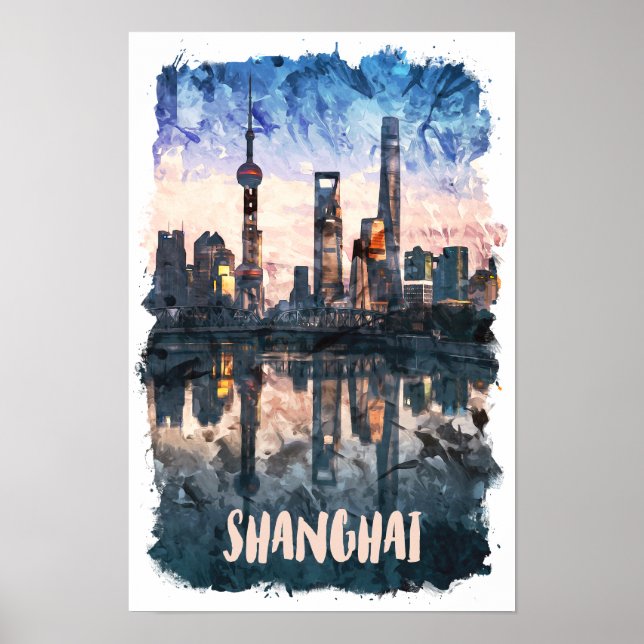 Poster Shanghai China Skyline Watercolor Art Print (Devant)