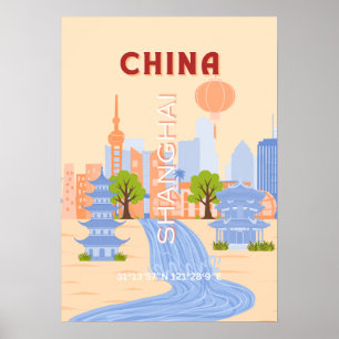 Poster Shanghai Chine Rétro Pastel Art du Voyage