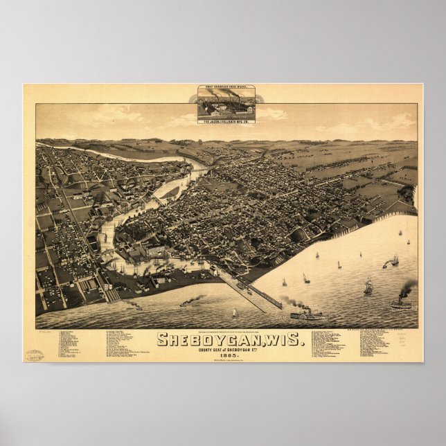 Poster Sheboygan WI 1885 Carte panoramique antique (Devant)
