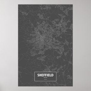 Poster Sheffield, Angleterre (blanc sur noir)