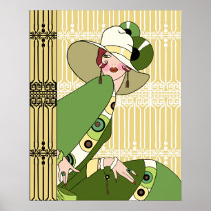 Poster Shelby, 1920s Art Deco Lady in Yellow and Olive