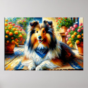 Poster Shetland Sheepdog dans Cottage Garden Scène
