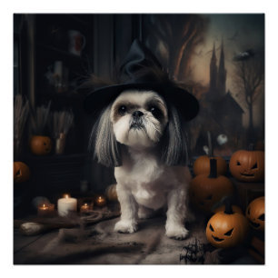 Poster Shih Tzu Citrouilles Halloween effrayant