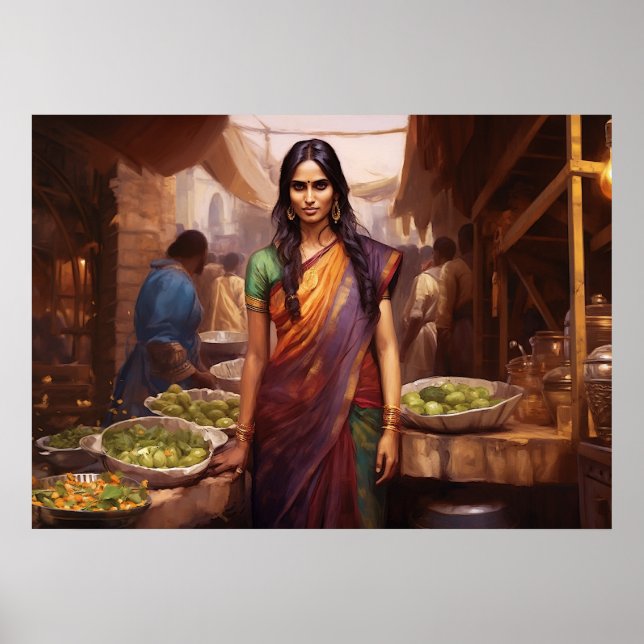 Poster Shopping dans un marché indien peinture à l'huile (Devant)