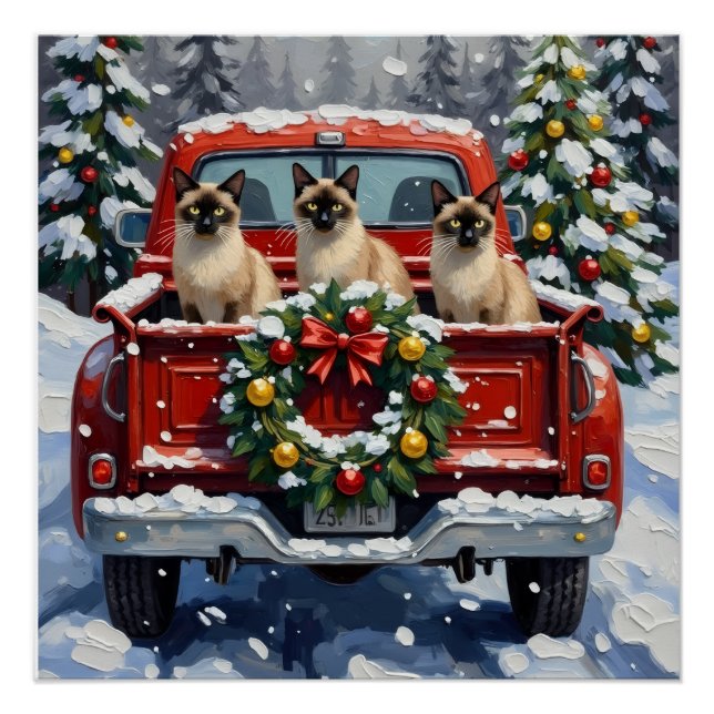 Poster Siamese Cat Christmas Red Truck Holiday (Devant)