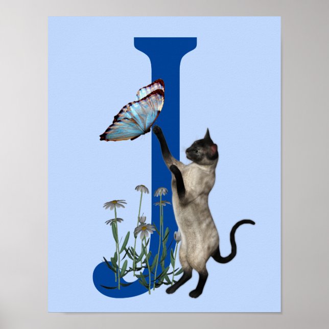 Poster Siamese papillon de chat Monogramme initial J (Devant)