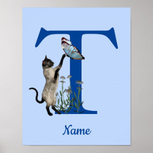 Poster Siamese Papillon de chat Monogramme Initiale T Vot